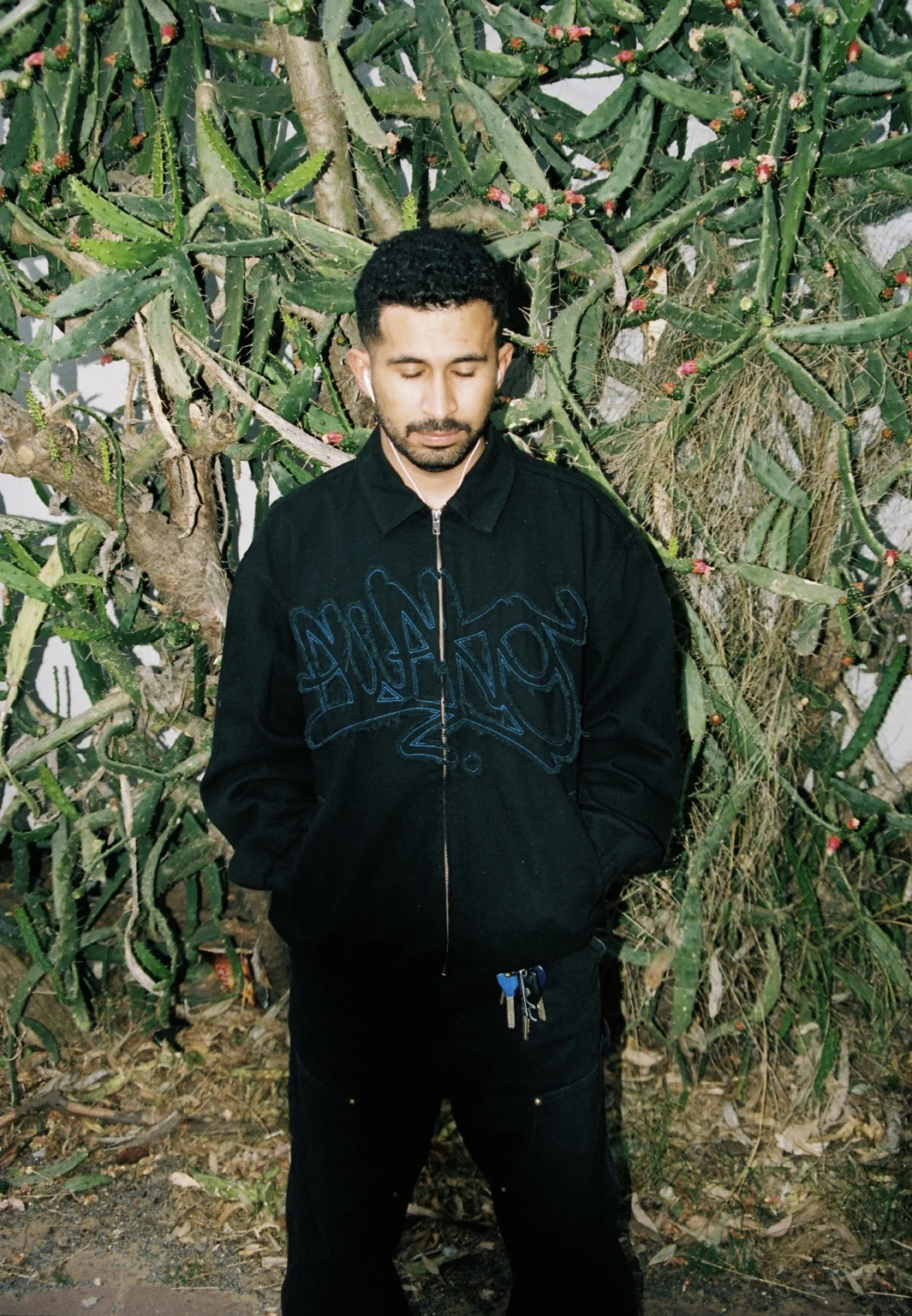 MOZES wearing black beside cacti